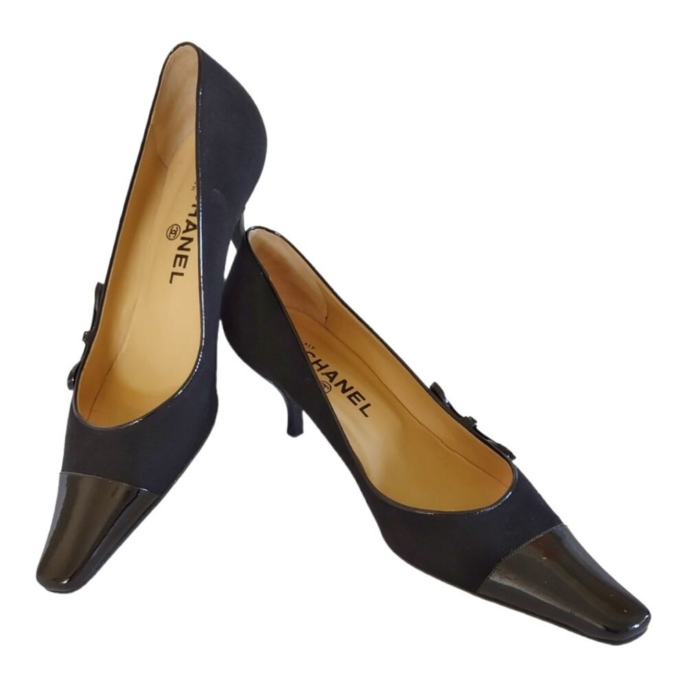 CHANEL Black Kitten Heels Size 8 Canvas Patent Leather Pumps Luxury Classic Fall